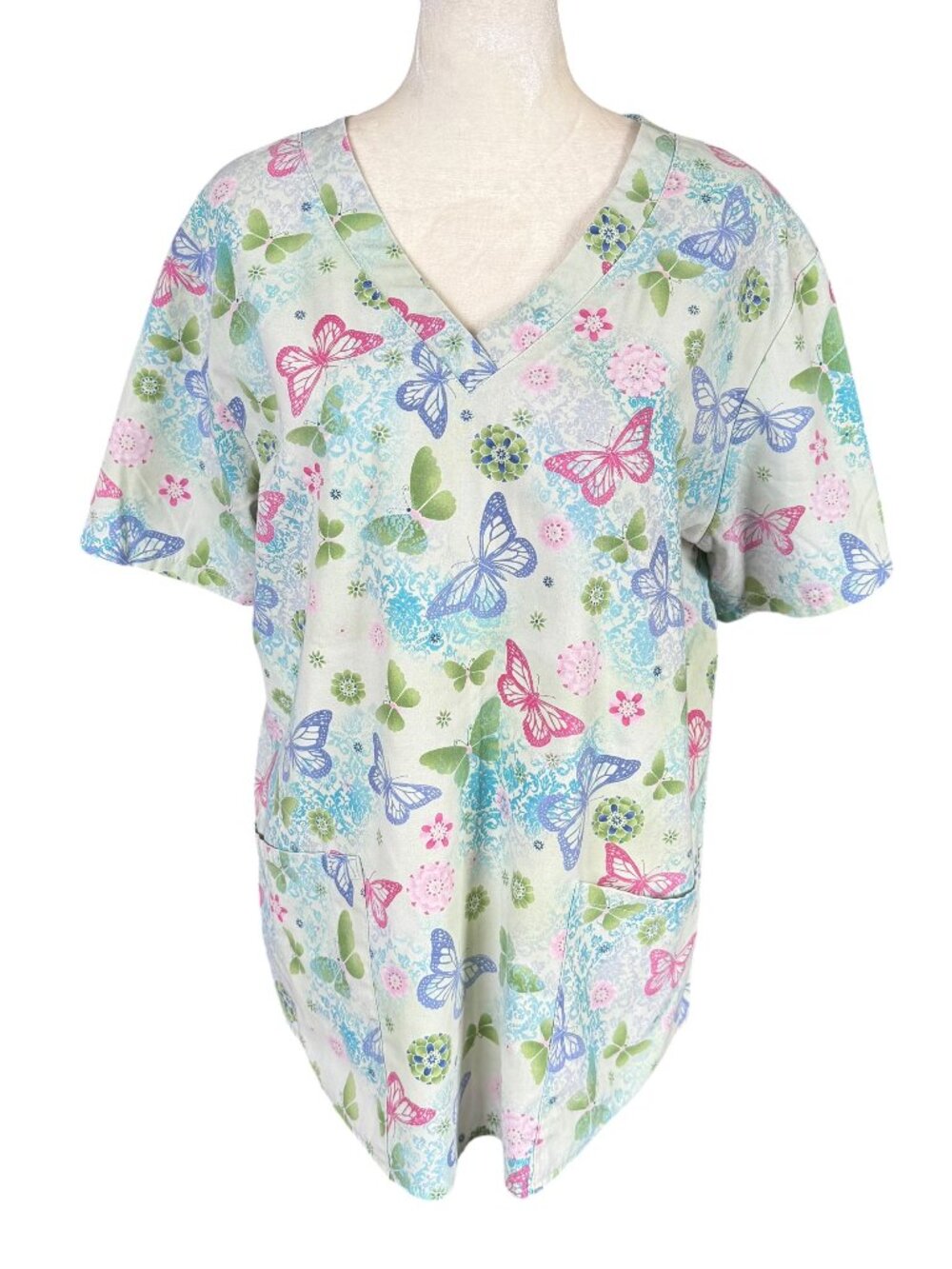 SB Scrubs multicolored butterfly and floral short sleeve v-neck scrub top M